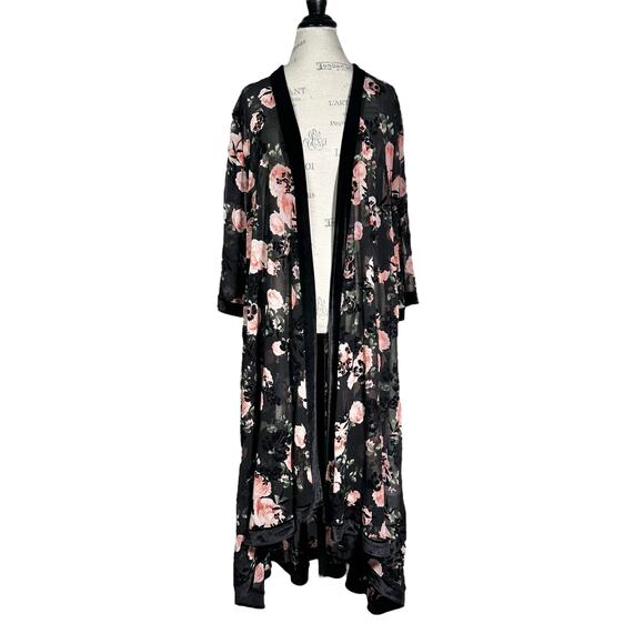 Torrid | Women | Floral Rose Long Line Velvet Trim Sheer Chiffon Kimono | Sz 1-2 - Picture 2 of 13